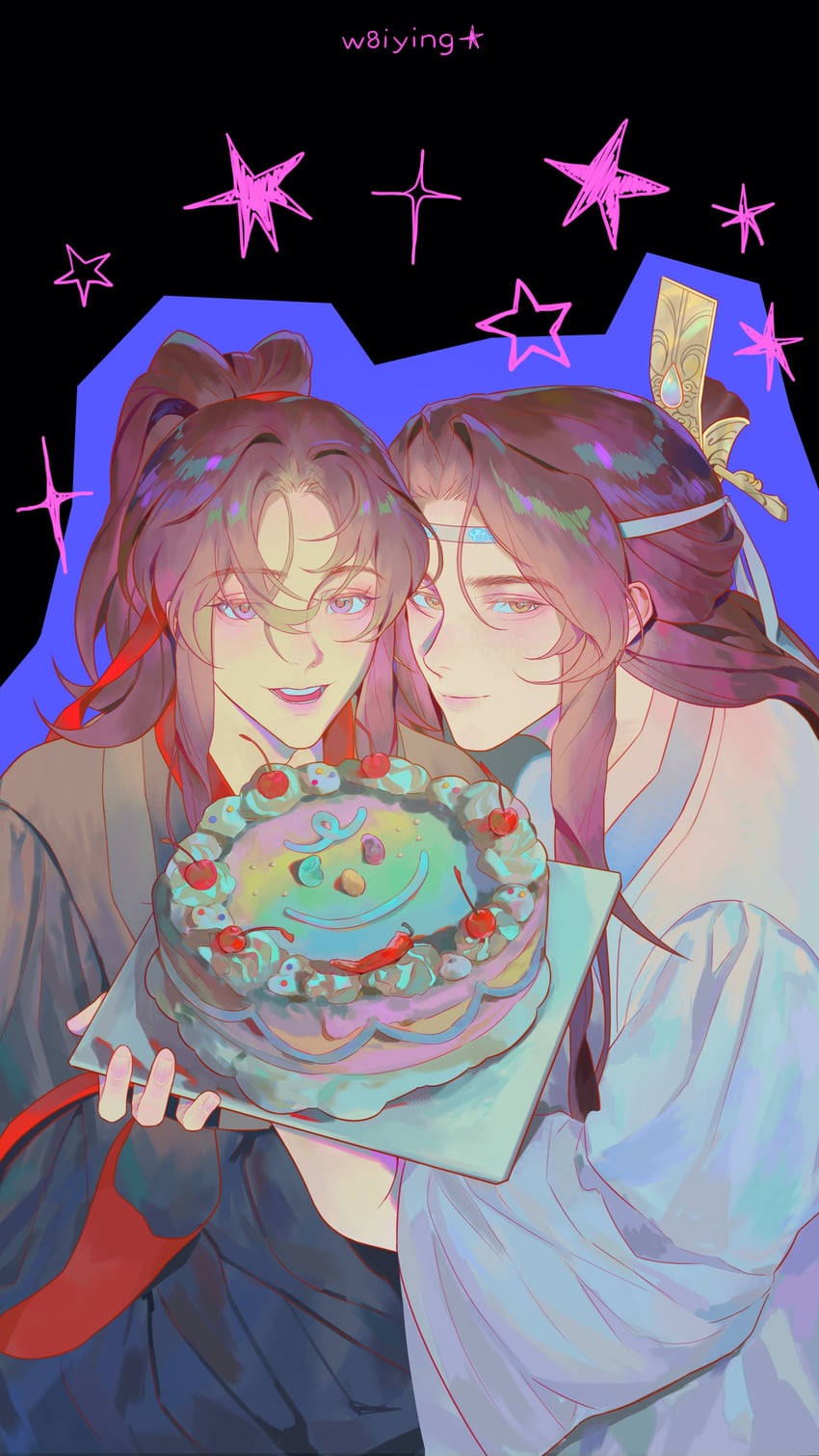 魔道祖师、蓝忘机、魏无羡 2个男孩 作者名 生日蛋糕 黑色背景 黑发
