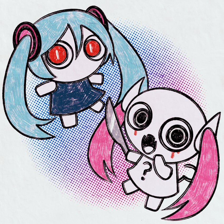 VOCALOID、Aimaina、为什么酱 2名女孩 问号 蓝色连衣裙 蓝发 Q版