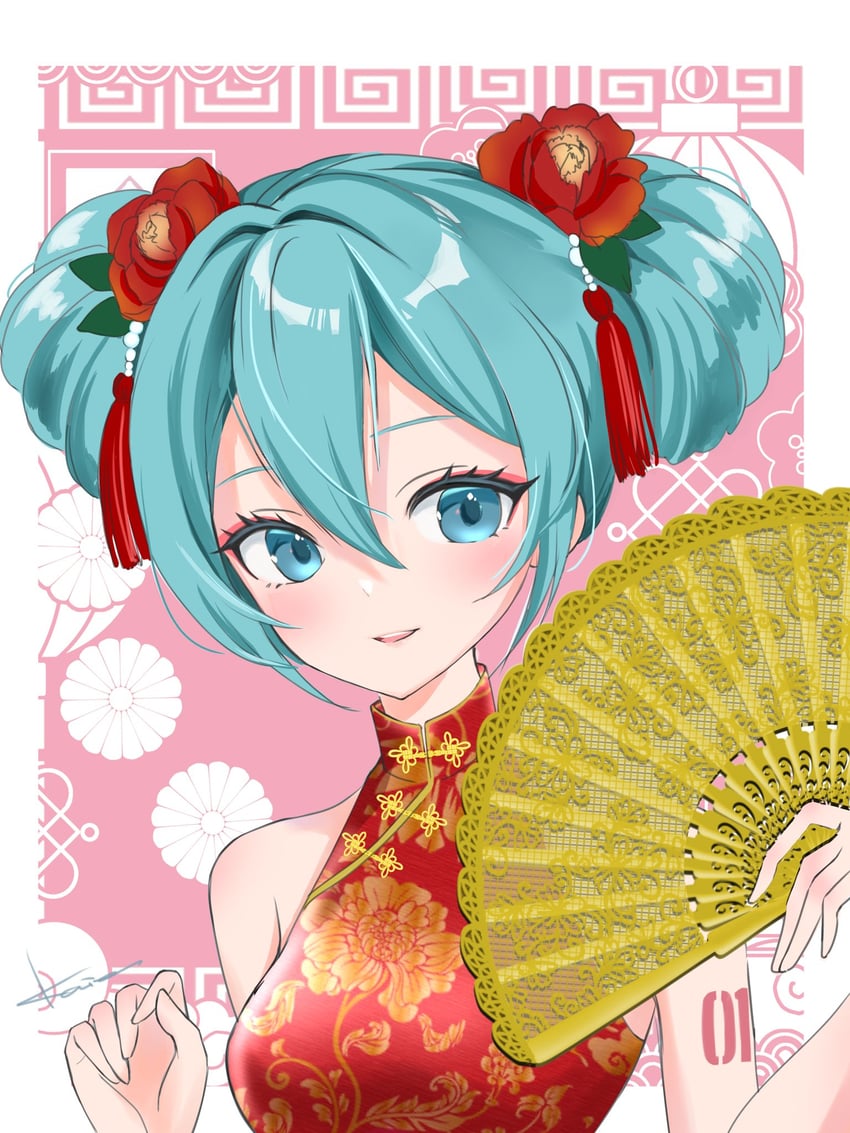 VOCALOID、初音未来 1名女孩 水色瞳 水色发 露肩 边框