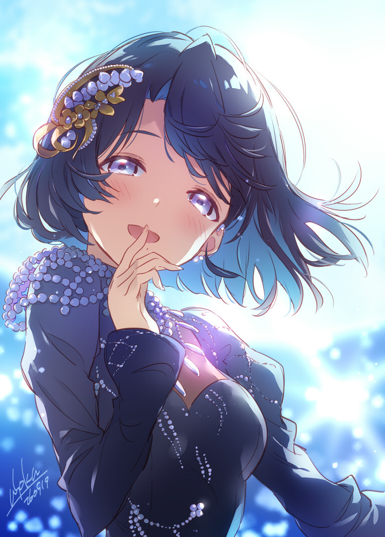 学园偶像大师、偶像大师、veil (idolmaster) 1名女孩 蓝色连衣裙 蓝眼 脸红 乳房