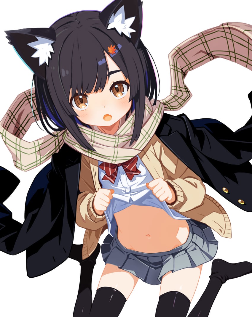 原创 1名女孩 黑发 黑色过膝袜 脸红 棕眼睛
