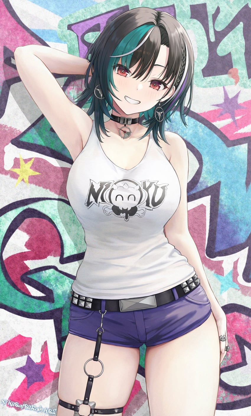 Hololive、hololive DEV_IS、龙胆千早 1名女孩 水色挑染 手放在头后 举手 腋下