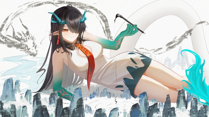 明日方舟、夕 (明日方舟) 1名女孩 露肩 黑发 蓝发 乳房