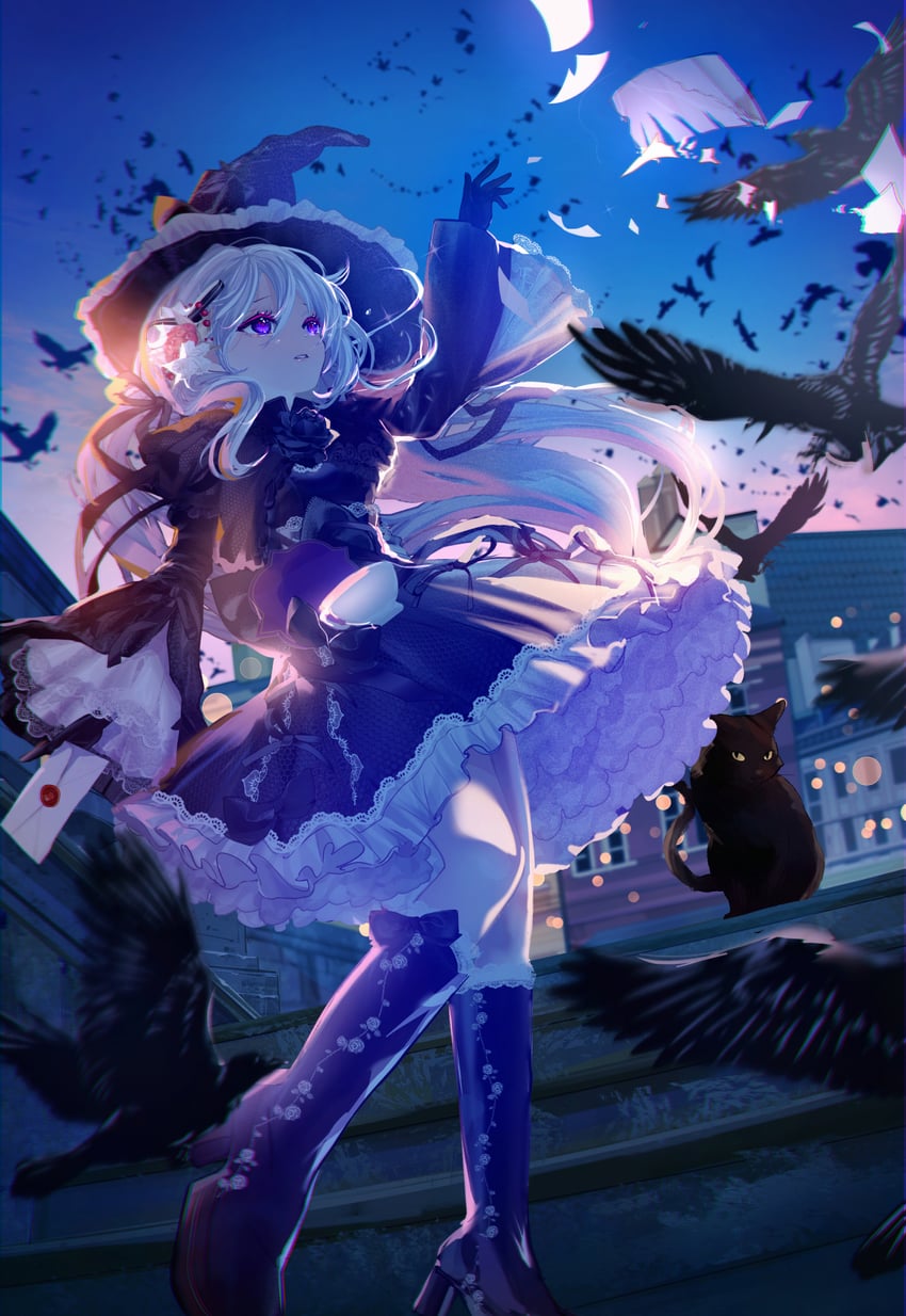 原创 1名女孩 鸟 黑猫 黑色连衣裙 靴子