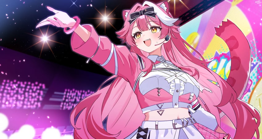 Hololive、Hololive英语、Raora Panthera (Hololive) 1名女孩 兽耳 举手 黑色蝴蝶结 脸红