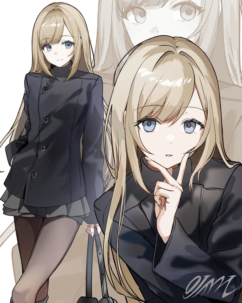 二次元插画 1名女孩 包 黑色背景 黑包 黑色夹克