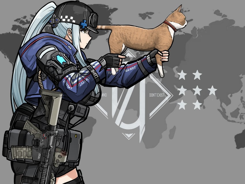 少女前线、少女前线2：追放、HK416 (少女前线) 1名女孩 动物 突击步枪 棒球帽 猫