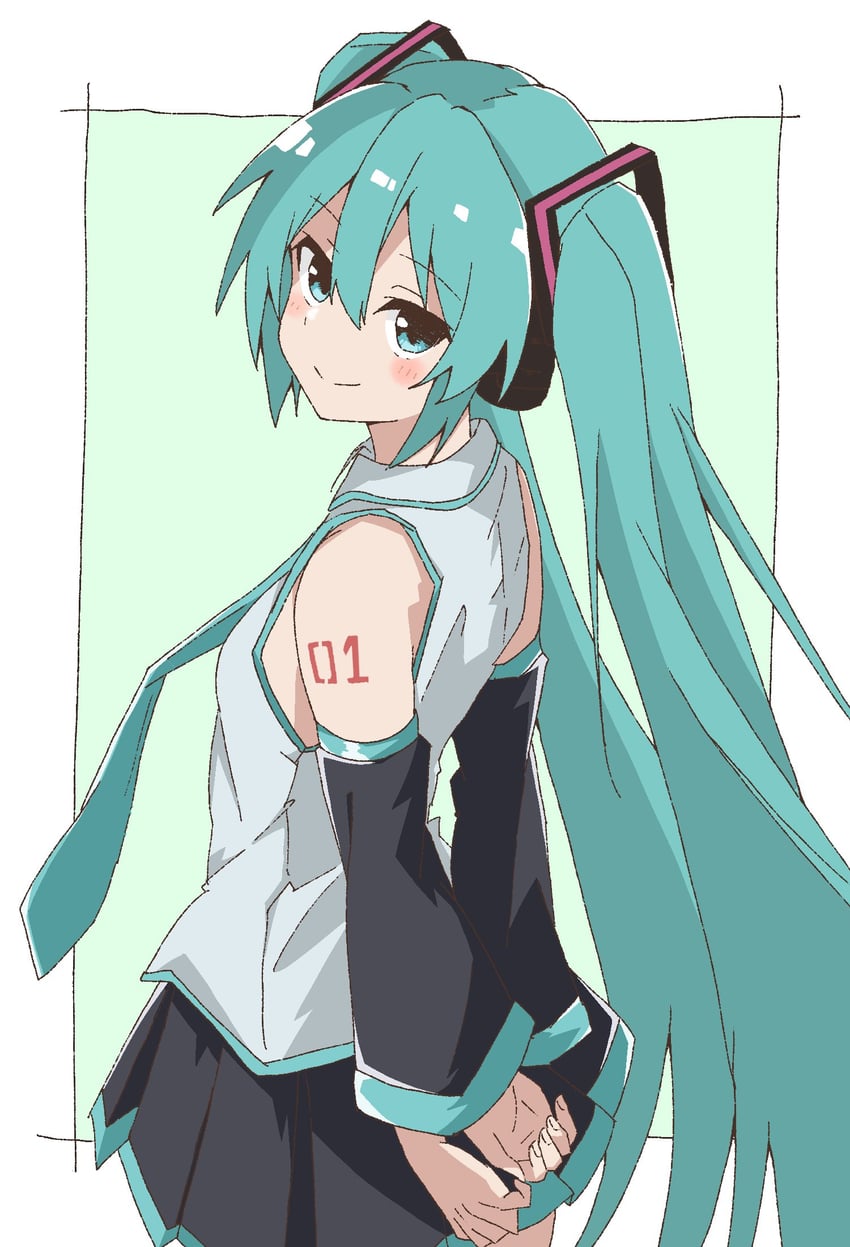 VOCALOID、初音未来 1名女孩 水色发 水蓝色领带 双手背在身后 黑色裙子