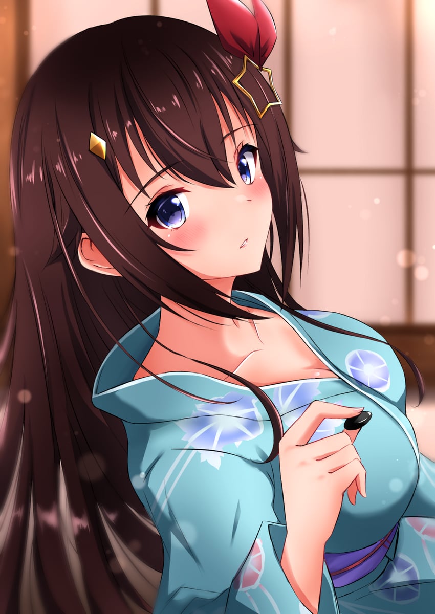 Hololive、时乃空 1名女孩 替换服装 蓝色和服 脸红 乳房