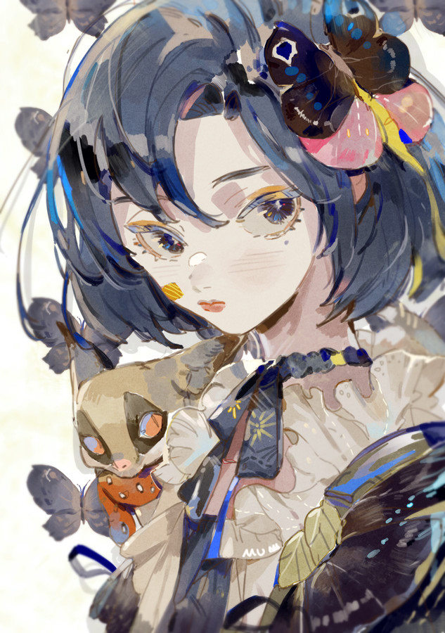 原创 1名女孩 动物 蓝眼 蓝发 蓝色丝带