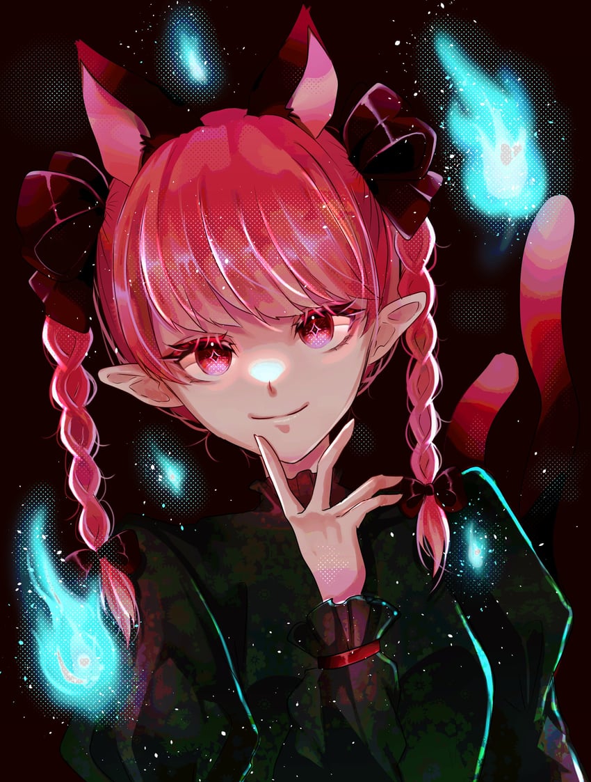 东方Project、火焰猫燐 1名女孩 兽耳 黑色背景 黑色蝴蝶结 蝴蝶结