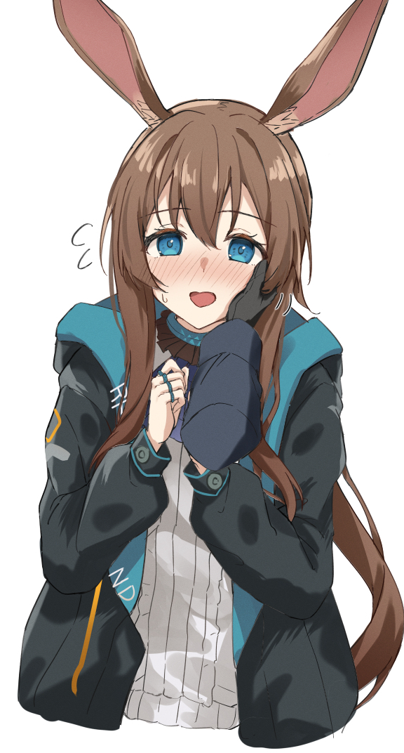 明日方舟、阿米娅 (明日方舟) 1名女孩 兽耳 黑色夹克 蓝眼 脸红