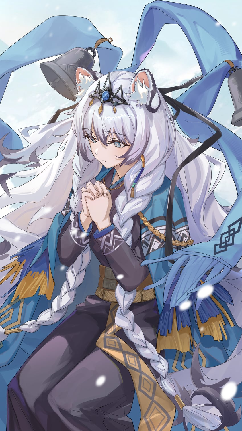 明日方舟、初雪 (明日方舟)、初雪 (祈愿者) (明日方舟) 1名女孩 兽耳毛 兽耳 铃铛 黑色连衣裙