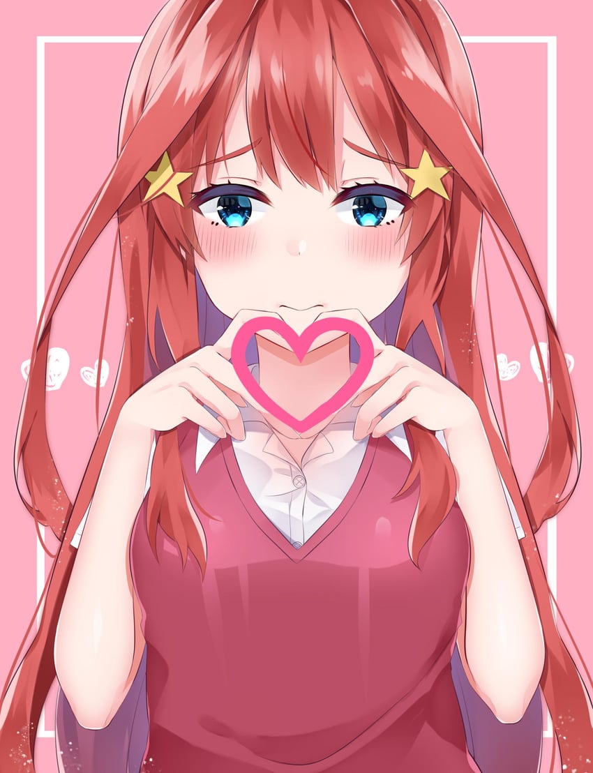 五等分的新娘、中野五月 1名女孩 猫嘴脸 旭山高校校服 蓝眼 脸红
