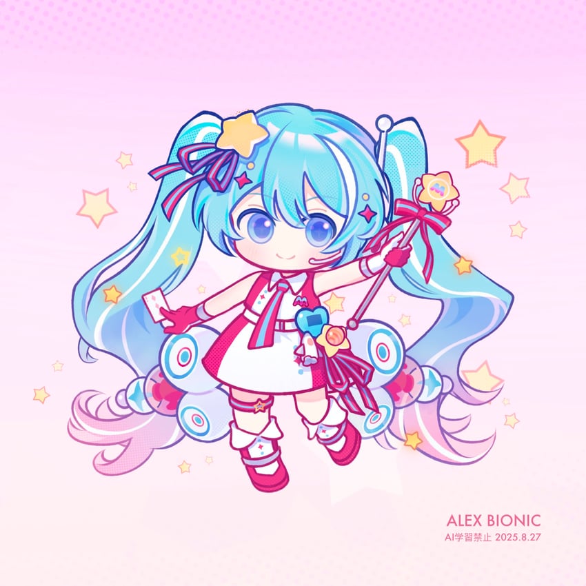 魔法未来(Vocaloid)、VOCALOID、初音未来 1名女孩 水色发 作者名 腰带 Q版
