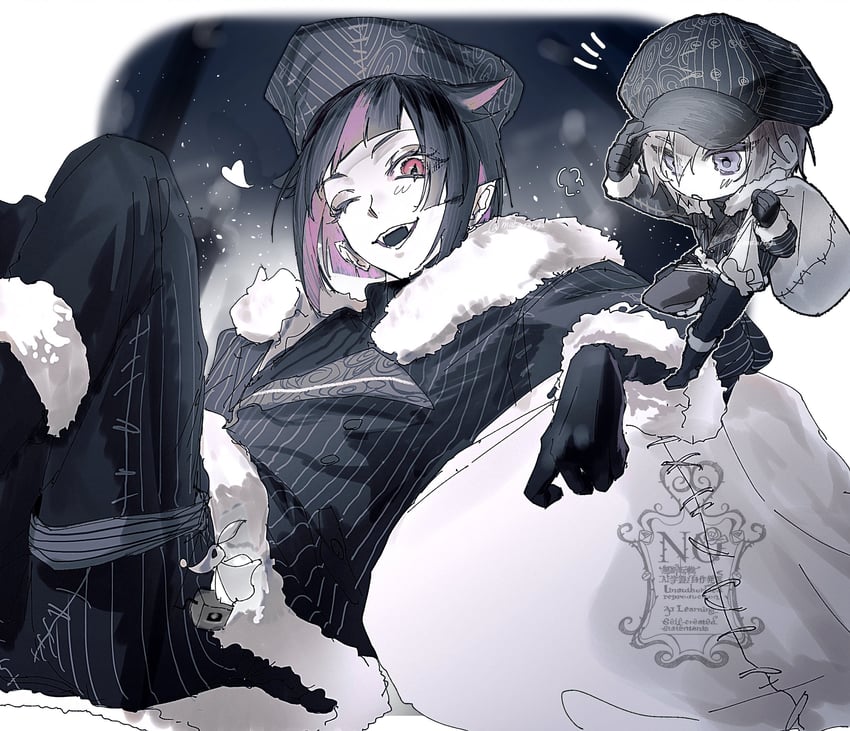 扭曲仙境、莉莉娅·梵露珠、lilia vanrouge (nightmare courier) 2个男孩 黑色大衣 黑色手套 黑发 Q版