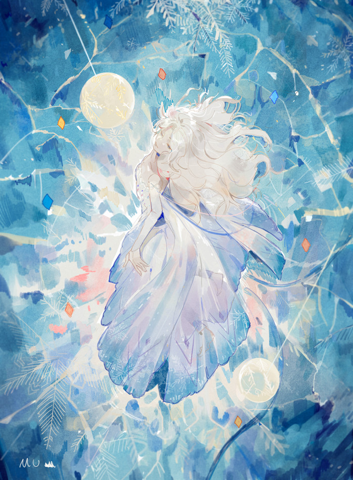 原创 1名女孩 蓝色背景 蓝色连衣裙 蓝眼 闭嘴