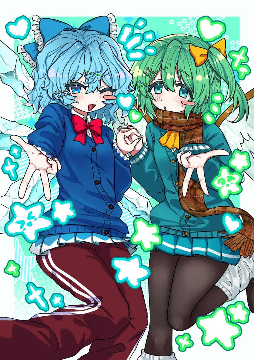 东方Project、琪露诺、大妖精 2名女孩 :D 惊讶 替换服装 水蓝色开襟衫