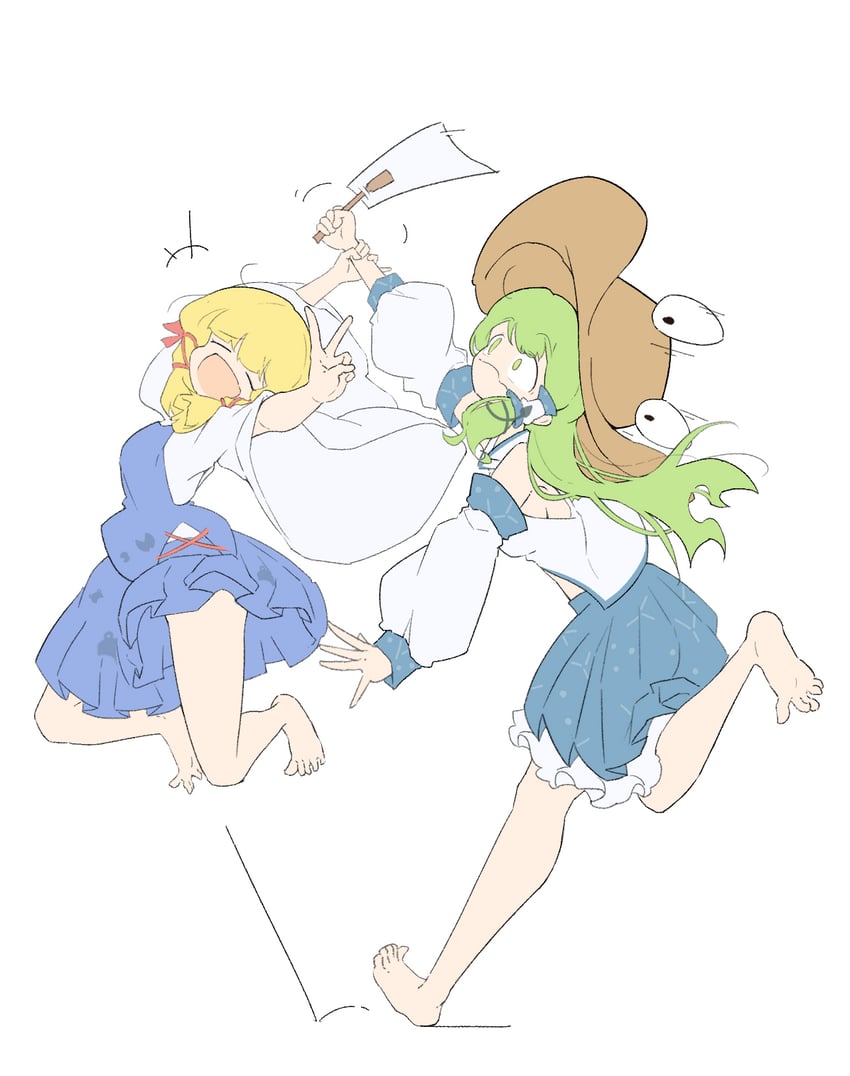 东方Project、东风谷早苗、泄矢诹访子 2名女孩 :D 露肩 金发 蓝裙子