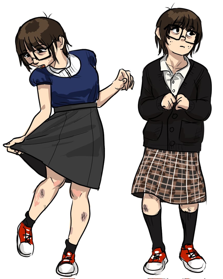 原创 1名女孩 眼袋 黑框眼镜 黑色针织衫 黑色裙子