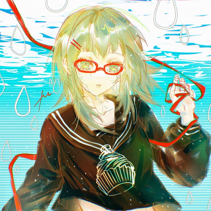 VOCALOID、胆小鬼蒙布朗 (Vocaloid)、GUMI 1名女孩 惊讶 戴眼镜的 黑色水手领 黑色水手服