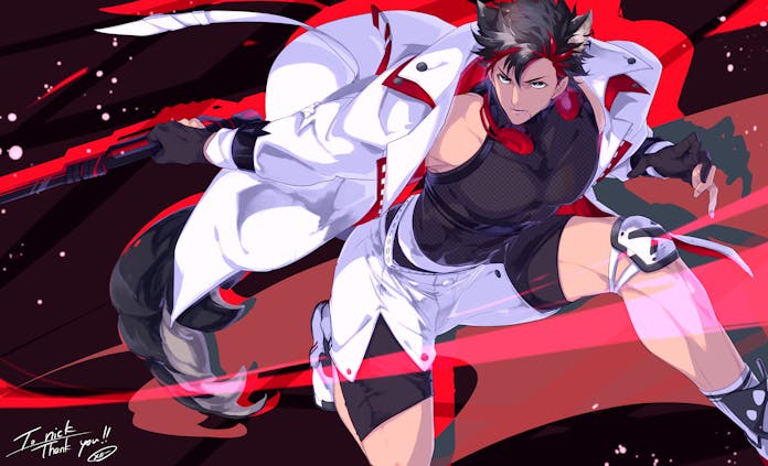 原创、海山尼克 1名男孩 腹肌 兽耳 骑行裤 黑色背景