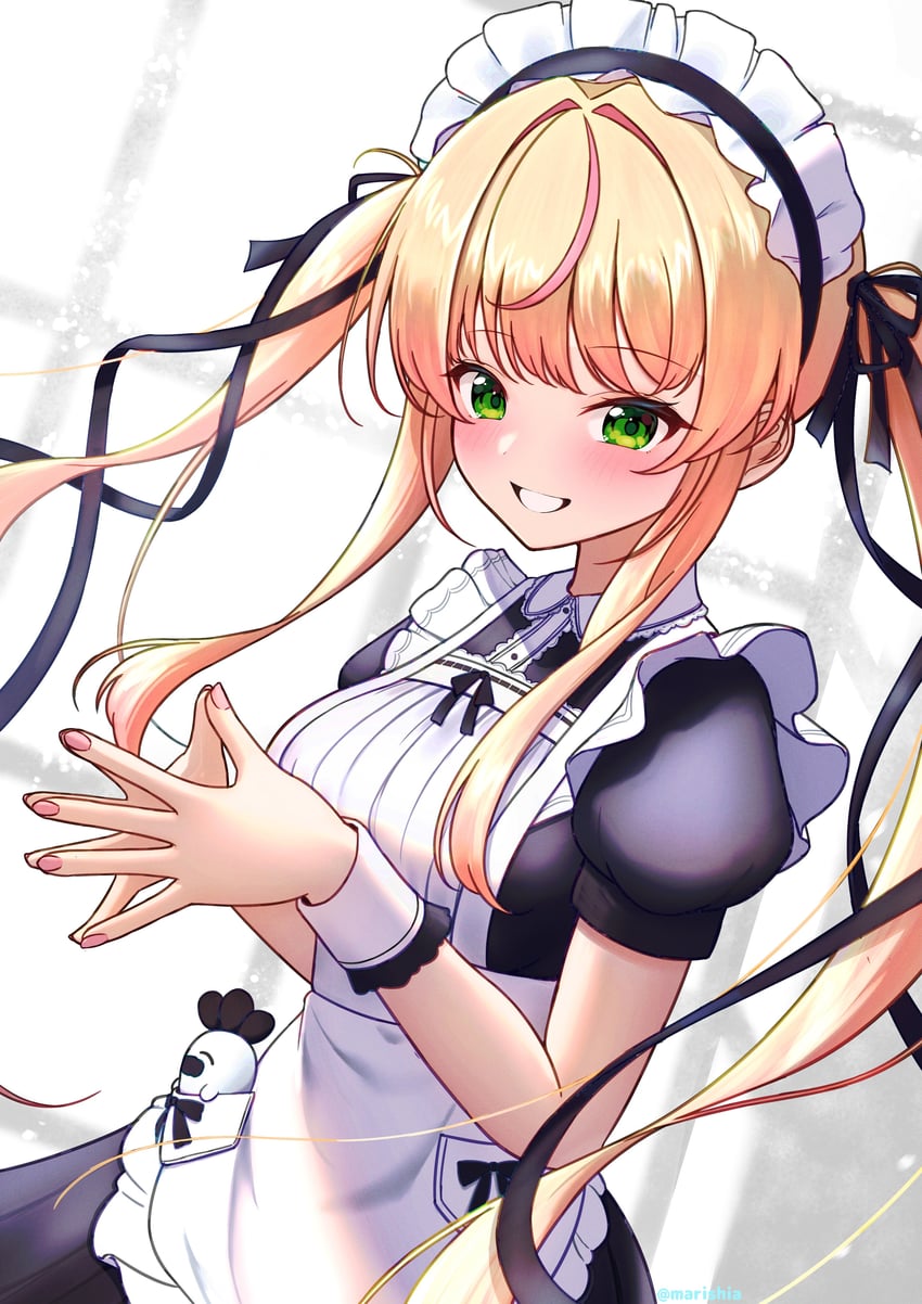 Hololive、桃铃音音、桃铃音音 (女仆) 1名女孩 围裙 黑色连衣裙 黑色丝带 金发