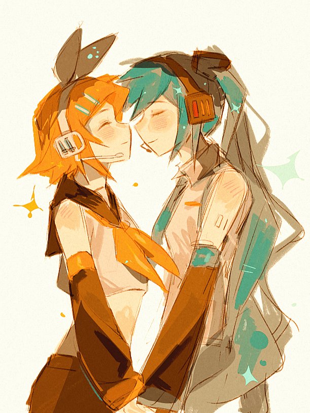 VOCALOID、初音未来、镜音铃 2名女孩 水色发 黑色水手领 黑色短裤 黑色袖子
