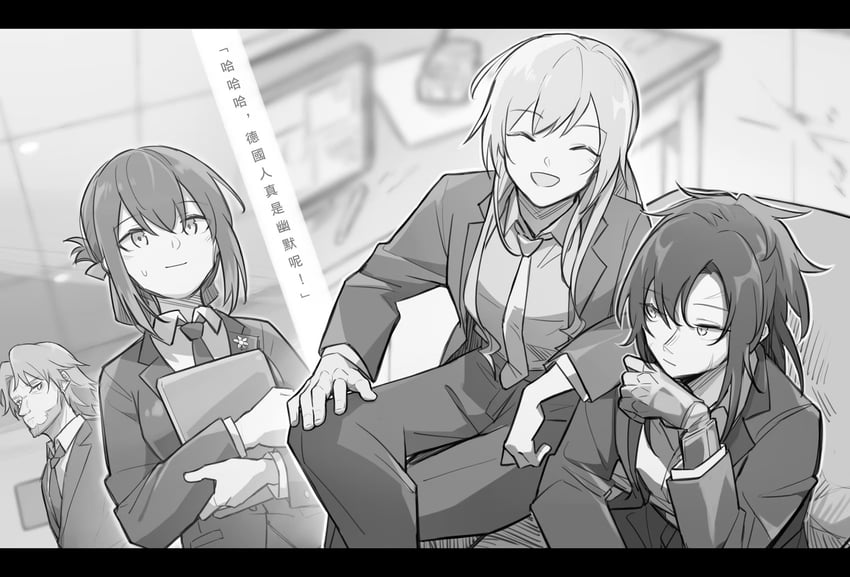 少女前线、AK-12 (少女前线)、AK-12 (露西亚) (少女前线) 1名男孩 3人女子 黑色夹克 黑色领带 黑色西装