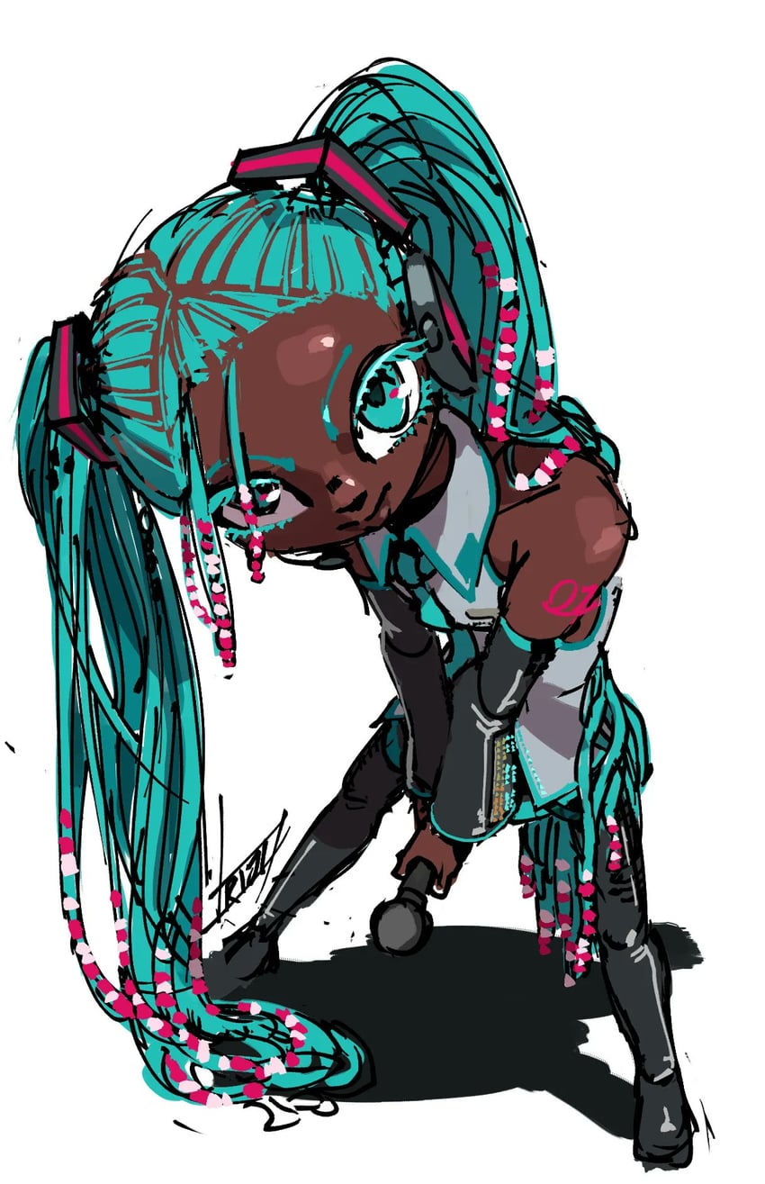 VOCALOID、自由形态初音未来、初音未来 1名女孩 异色皮肤 水色瞳 水色发 水蓝色领带