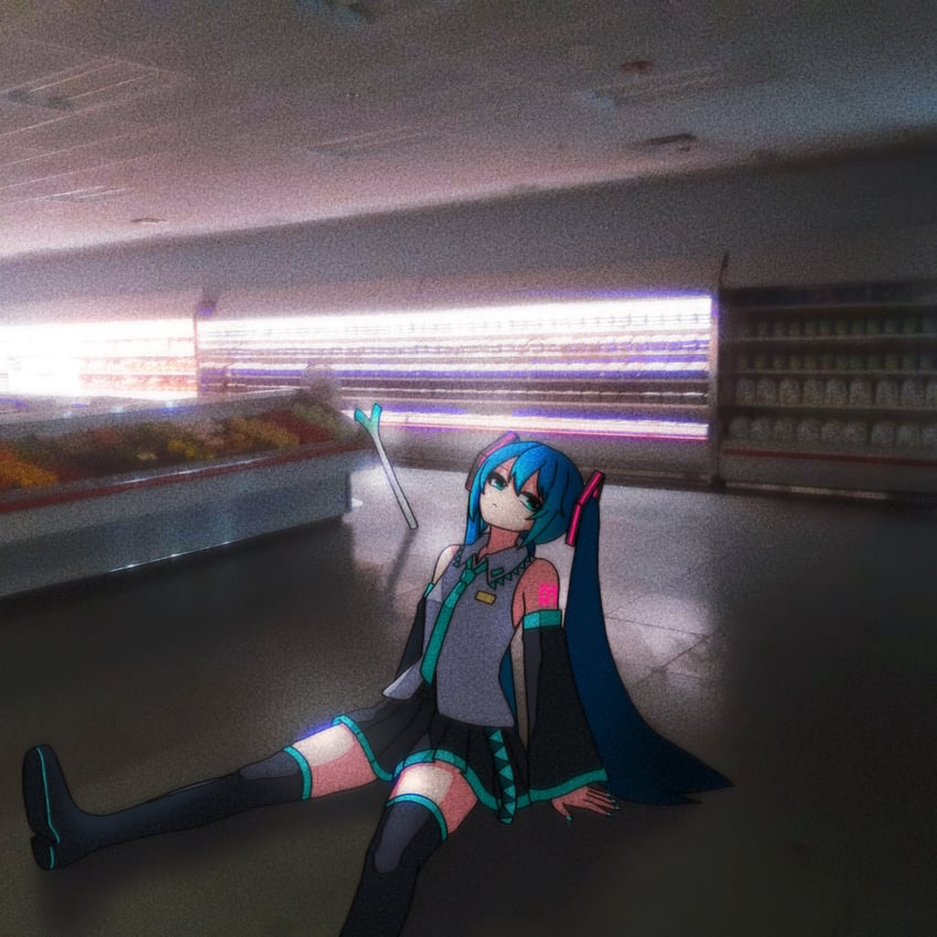 VOCALOID、初音未来 1名女孩 露肩 黑发 黑鞋 黑色裙子