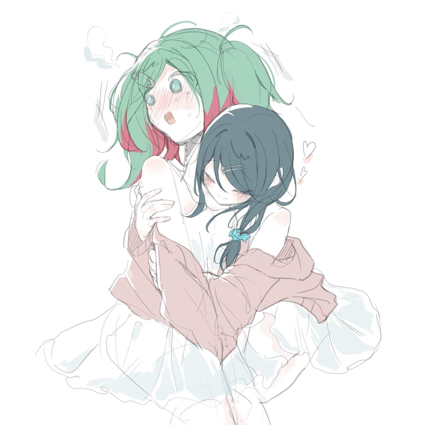 世界计划、VOCALOID、初音未来 2名女孩 @_@ 撩起刘海 黑发 蓝发圈