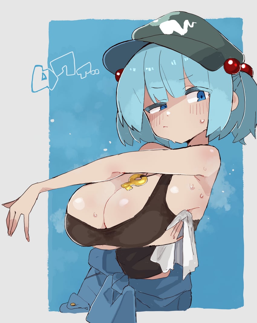 东方Project、河城荷取 1名女孩 腋下 黑色背心 蓝色背景 蓝眼