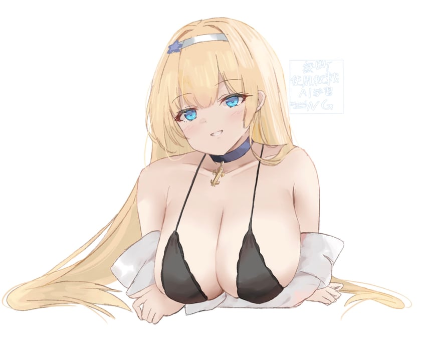 碧蓝航线、北卡罗来纳 (碧蓝航线)、north carolina (unique sunshine) (azur lane) 1名女孩 锚形颈圈 手托胸 比基尼 黑色比基尼