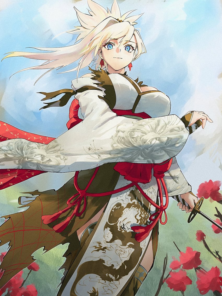 Fate/Samurai Remnant、Fate系列、宫本武藏 (Fate) 1名女孩 黑色过膝袜 金发 蓝眼 乳房