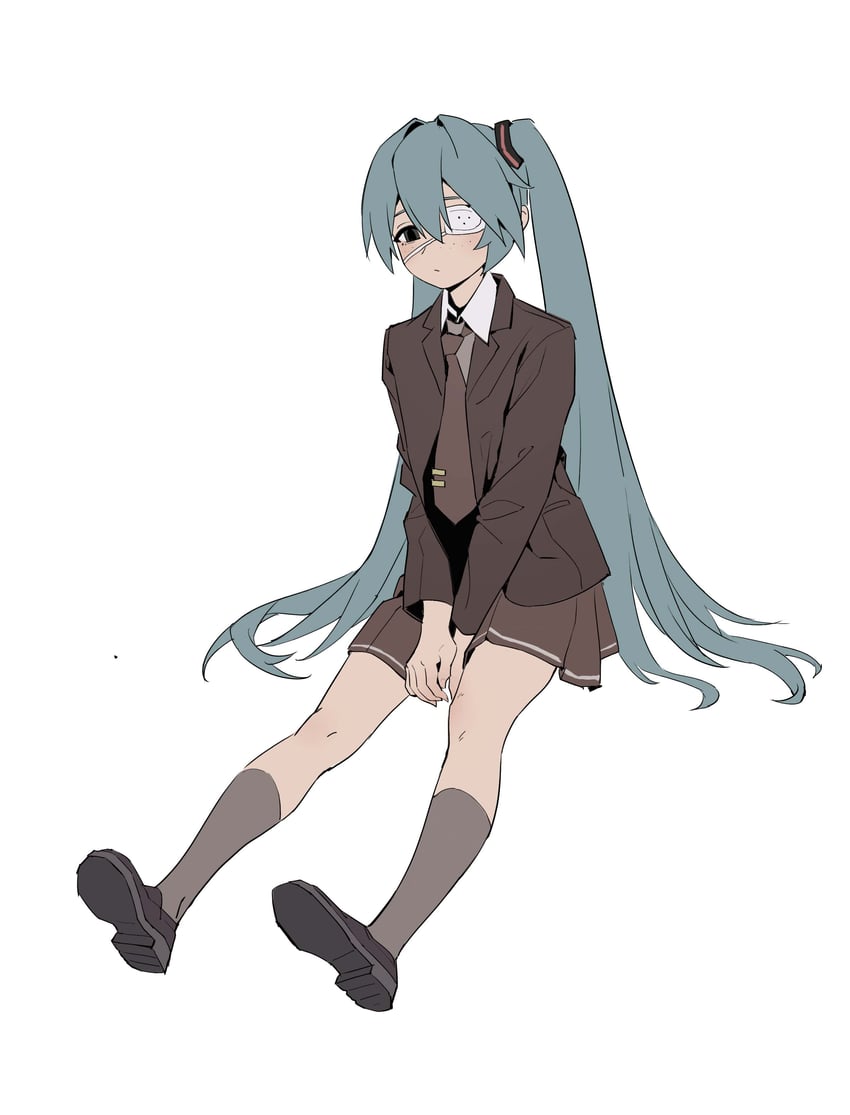监控 (Vocaloid)、VOCALOID、初音未来 1名女孩 水色发 手臂置于腿间 西装外套 棕色夹克