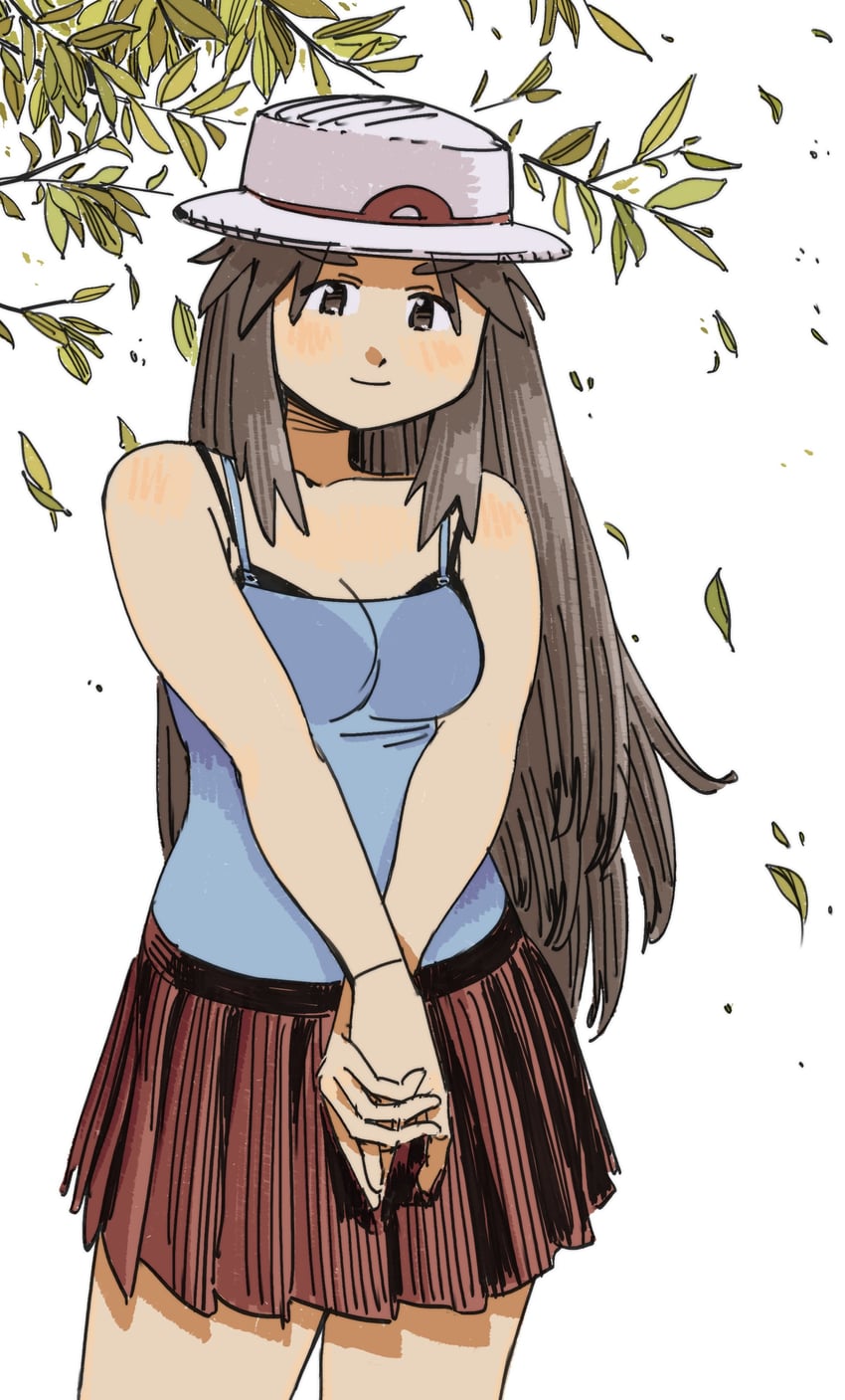 宝可梦、宝可梦 火红/叶绿、小叶(宝可梦) 1名女孩 改装服装 黑色文胸 蓝色吊带背心 胸罩