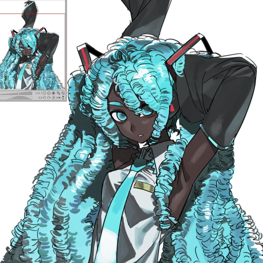 VOCALOID、初音未来 1名女孩 异色皮肤 腋下 举起双手 黑色袖子