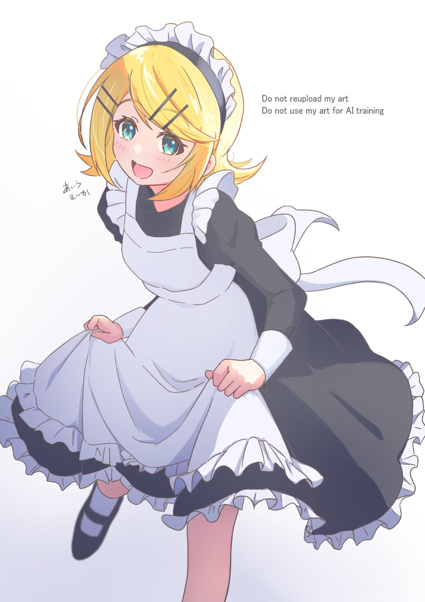 VOCALOID、镜音铃 1名女孩 围裙 作者名 后背蝴蝶结 金发