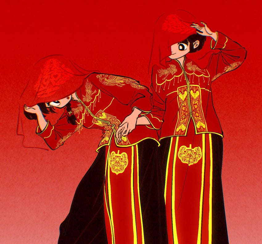 乱马1/2、早乙女乱马、早乙女乱马 (女) 2名女孩 黑瞳 黑发 黑色裙子 辫子