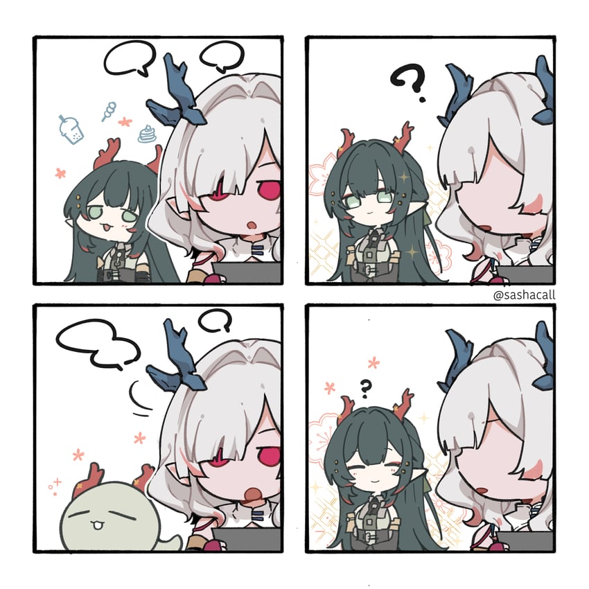 明日方舟、明日方舟：终末地、弥伏 (明日方舟) 2名女孩 四格漫画 猫脸笑 :D 无语