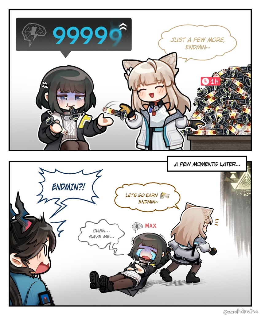 明日方舟、明日方舟：终末地、陈千语 (明日方舟) 呆滞脸 两格漫画 3人女子 兽耳 鸟耳