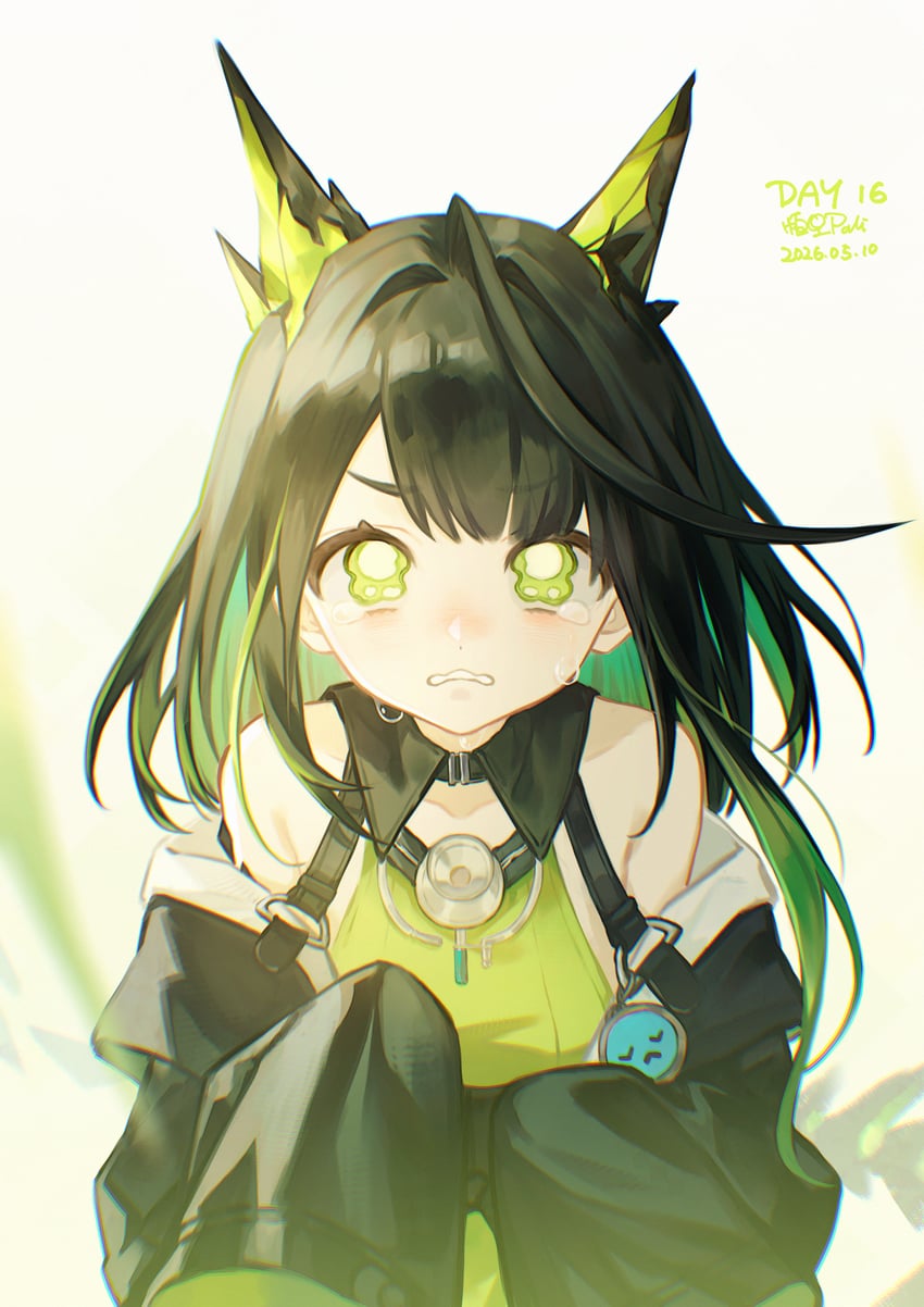 明日方舟、Mon3tr (明日方舟) 1名女孩 呆毛 黑色夹克 咬牙 哭泣