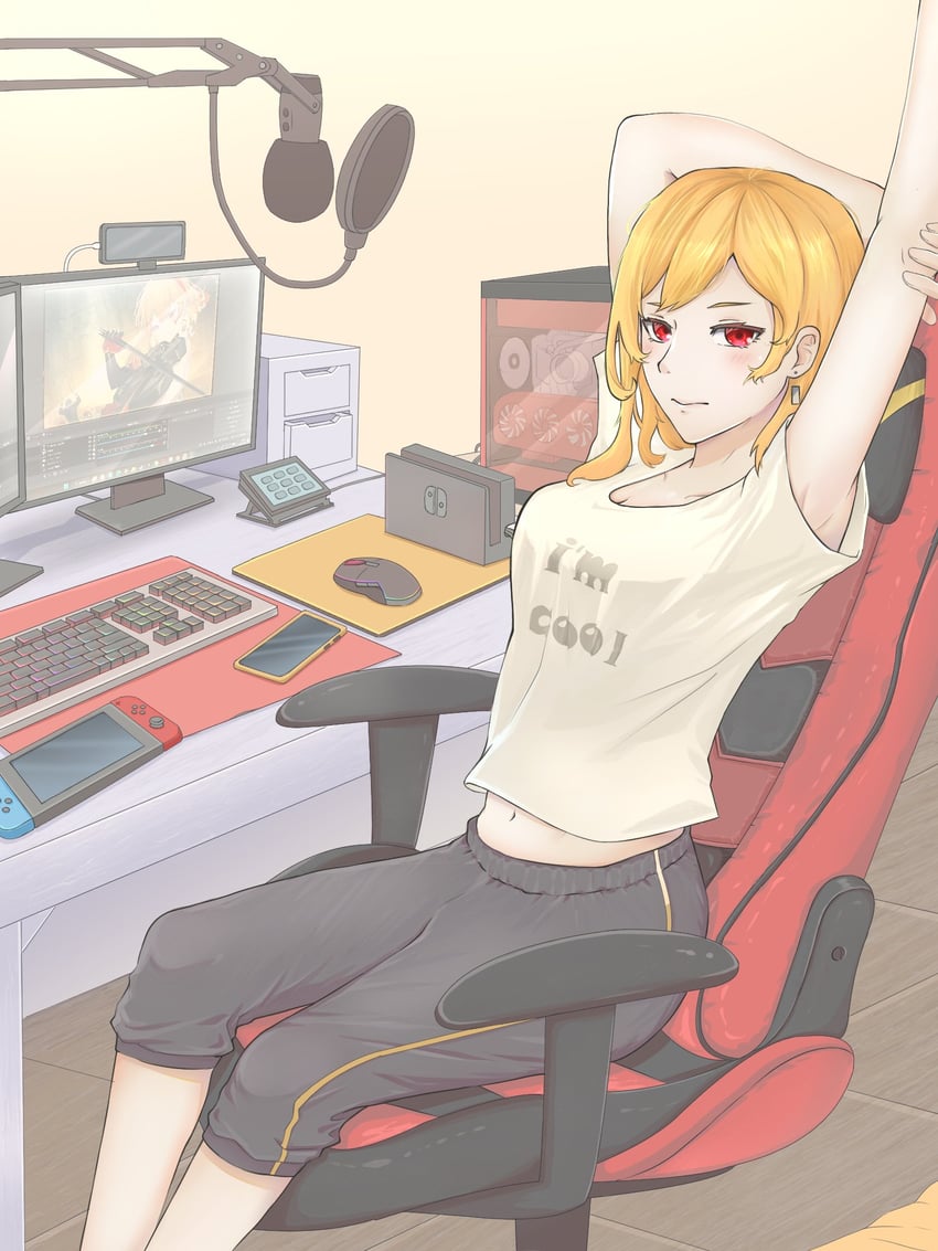 Hololive、Hololive Indonesia、Kaela Kovalskia 1名女孩 金发 手机 椅子 电脑