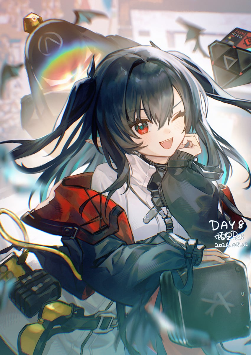 明日方舟、可露希尔 (明日方舟)、莱姆达 (明日方舟) 1名女孩 :D 微笑 黑发 黑色夹克