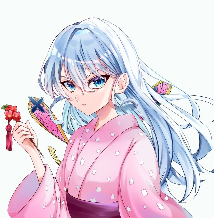 鬼灭之刃、堕姬 (鬼灭之刃) 1名女孩 蓝眼 闭嘴 花 发丝垂在眼睛之间