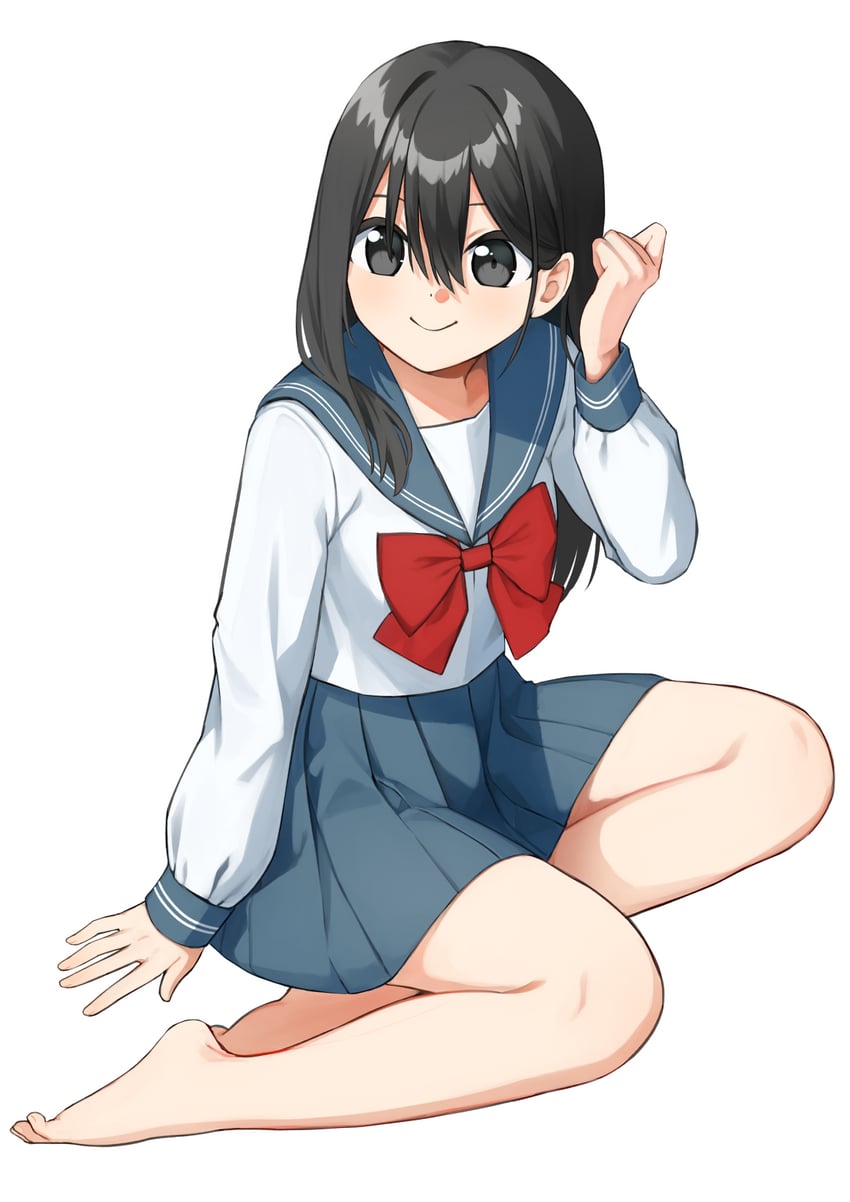原创 1名女孩 整理头发 赤脚 黑瞳 黑发