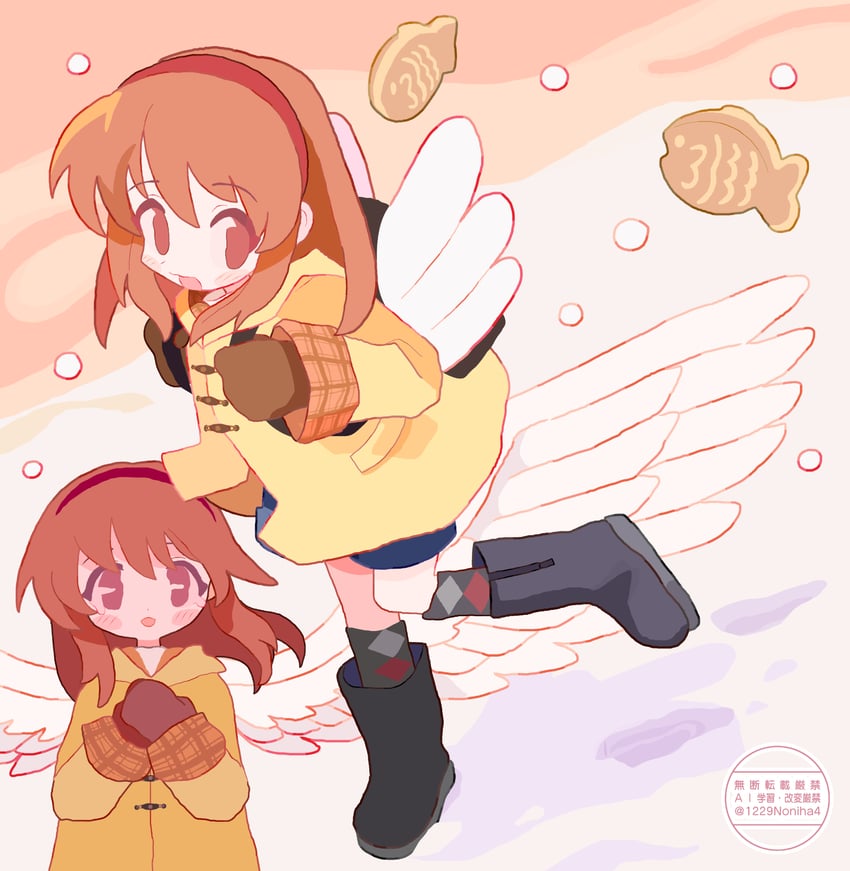 雪之少女、月宫亚由 1名女孩 天使翅膀 踝靴 菱格纹衣服 背包