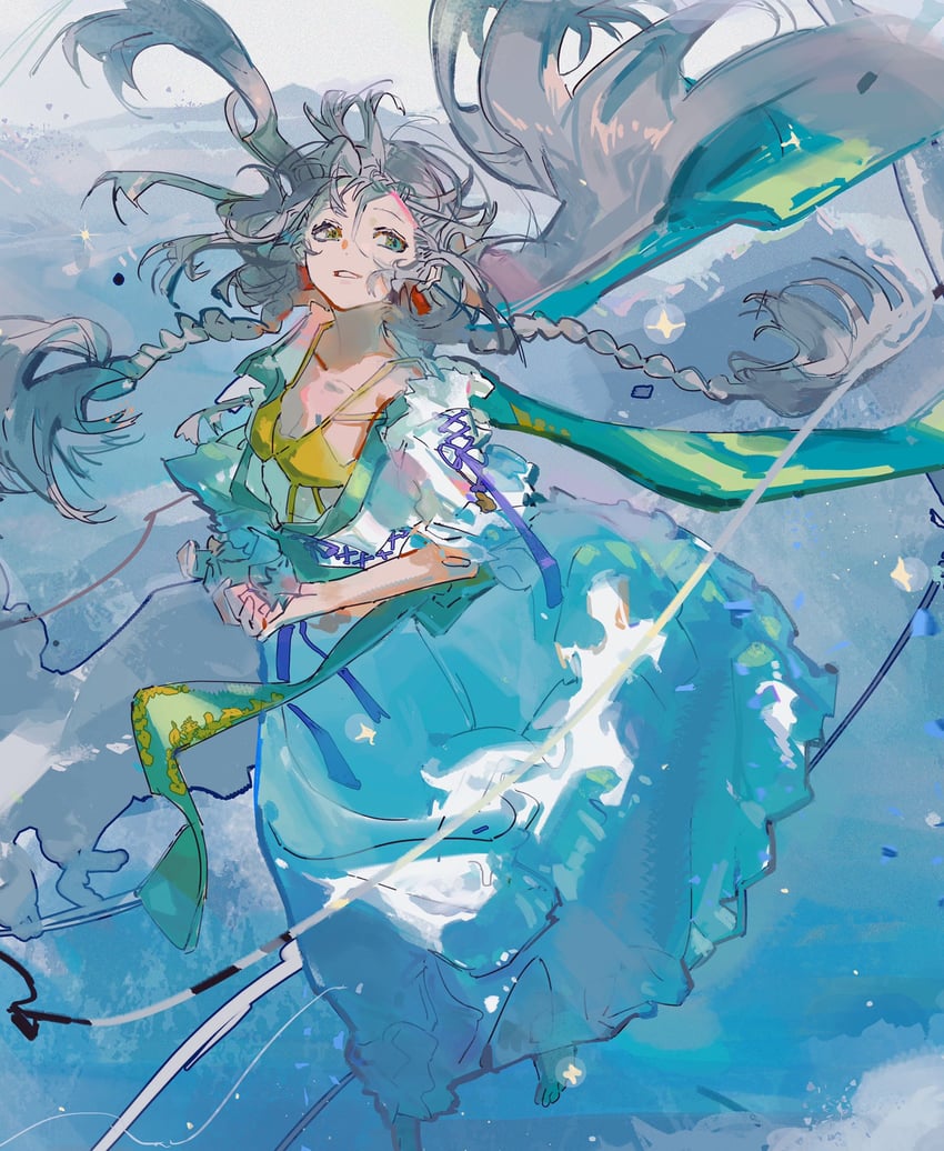 原创 1名女孩 云端之上 赤脚 蓝色连衣裙 辫子