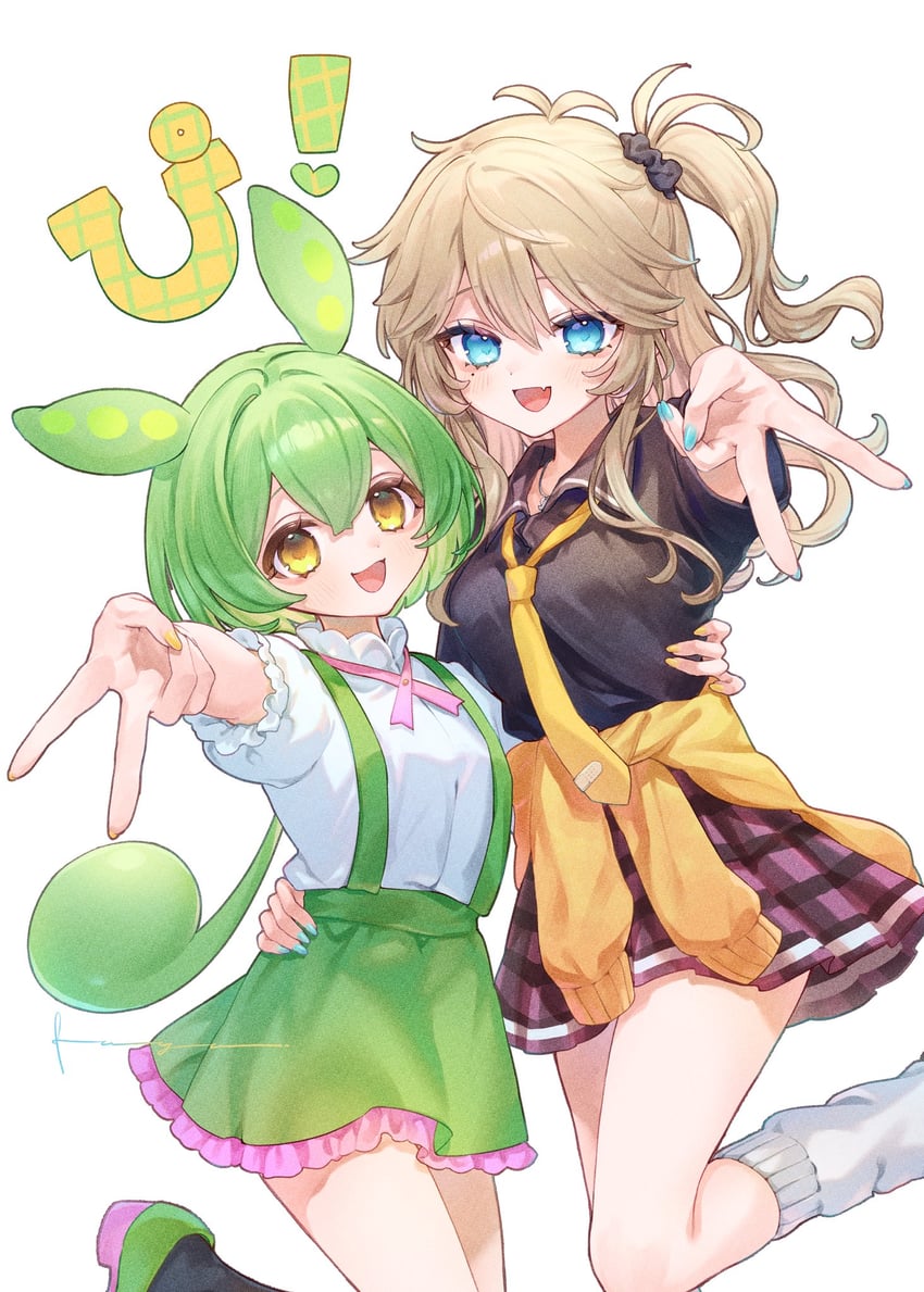 Voicevox、春日部紬、东北俊达萌 2名女孩 :D 搂着他人的腰 黑衬衫 金发